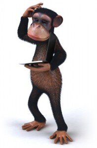 Monkey scratching head with laptop that won't turn on